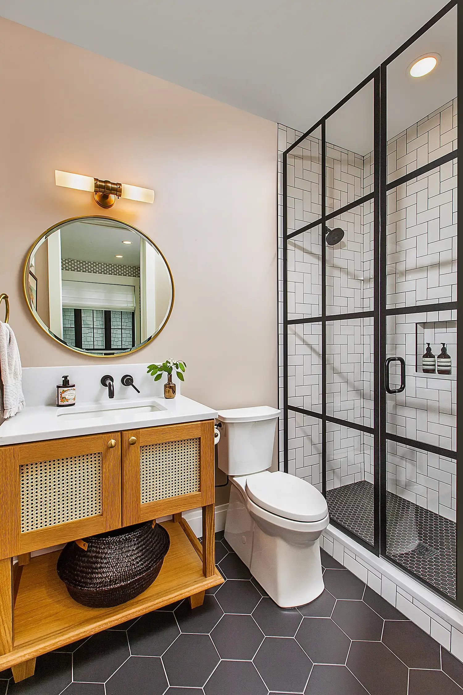 custom lake home bathroom herringbone tile